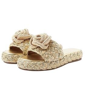 Cato Comfort Platform Slide Sandals Beige Woven Open Toe Crochet Flower 9.5